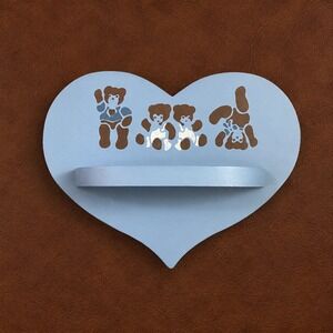 Vintage Heart Shaped Wood Wall Shelf Blue Hand Painted Teddy Bears Nursery Decor